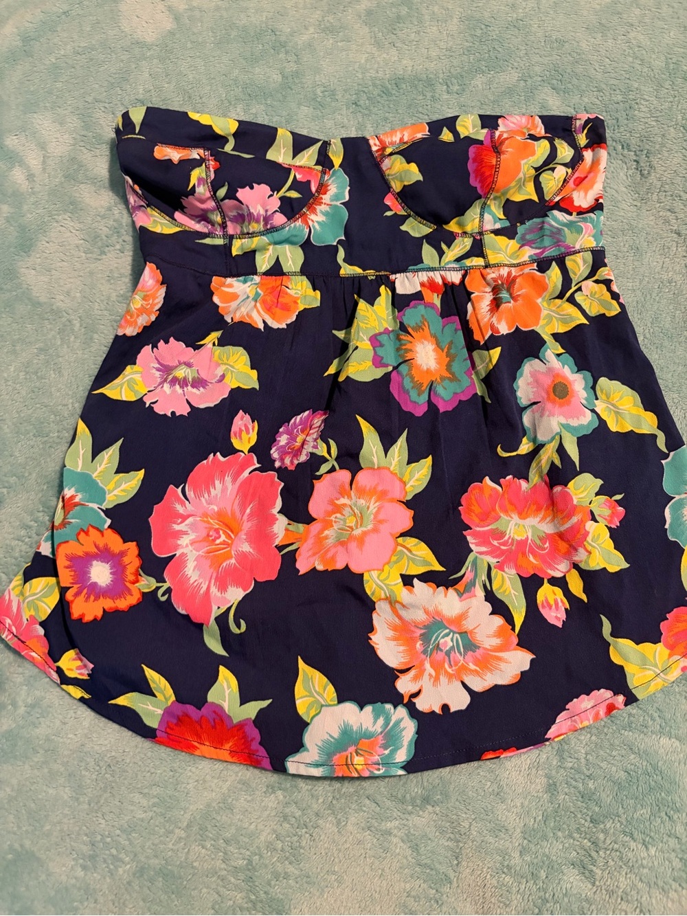 Roxy Navy Floral Strapless Skater Skirt with Coral, Pink & Teal Blooms